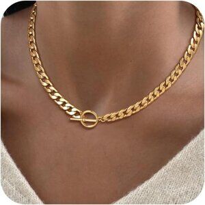 14K Gold  cuban-gd Plated Chunky Layered Necklace | Paperclip Herringbone Chain
